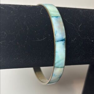 Vintage Light Blue Shell Brass Metal Bangle Bracelet 2 3/4”